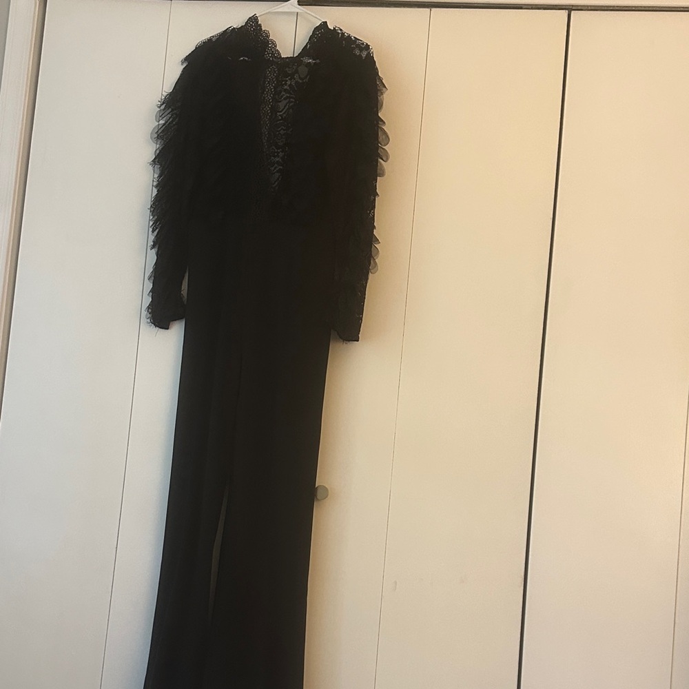 Fashion Nova Black Wide Leg Jumpsuit with Lace & Ruffle Details